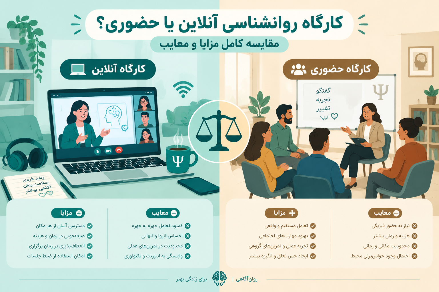 کارگاه روانشناسی آنلاین بهتر است یا حضوری؟ مقایسه کامل مزایا و معایب
